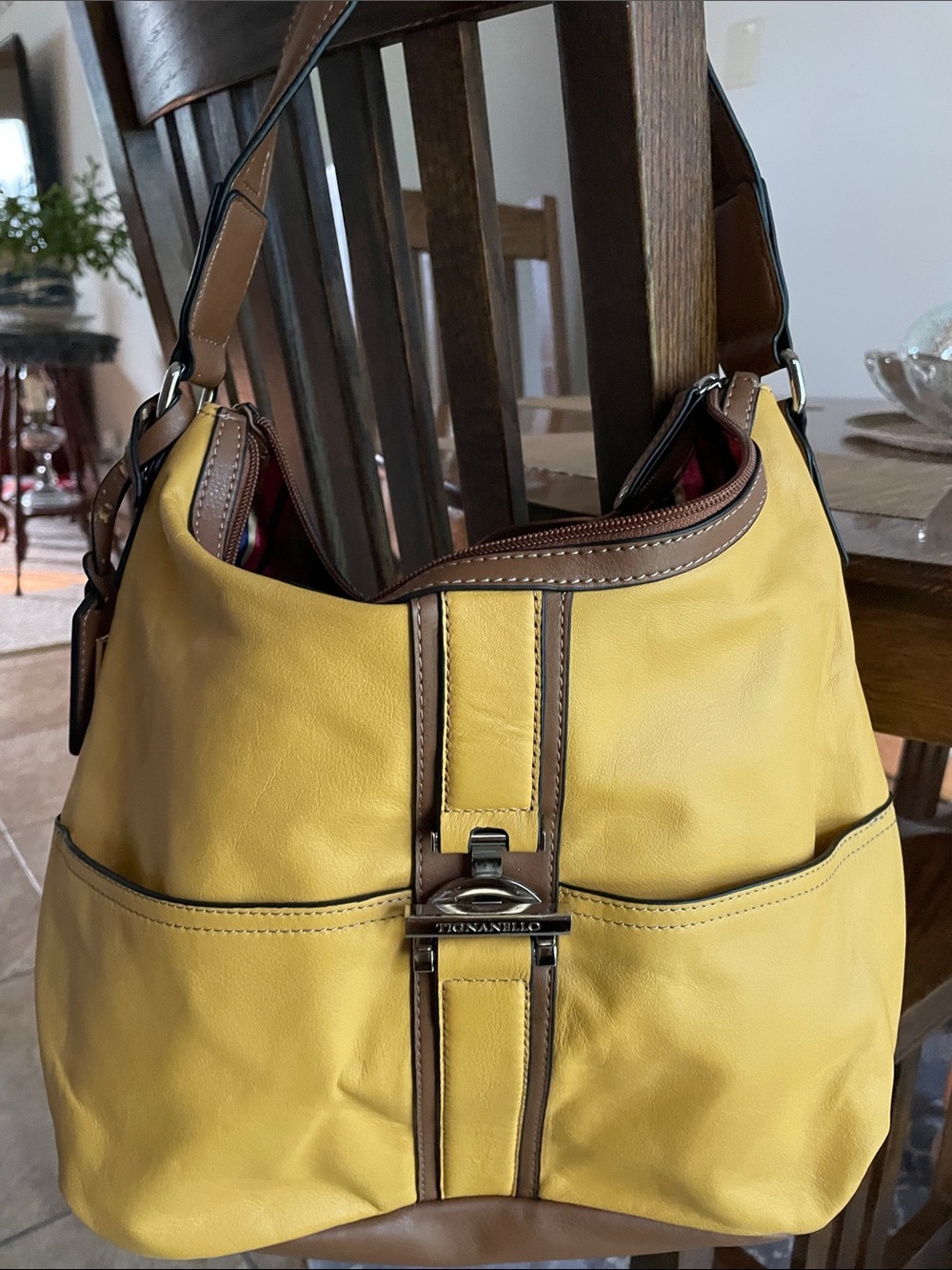 Tignanello Yellow Leather Shoulder Bag with Brown Trim